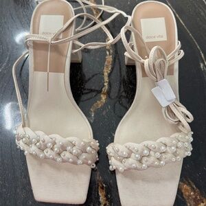 Dolce Vita Paxten Vanilla Pearls Tie Strappy Block Heeled Sandals